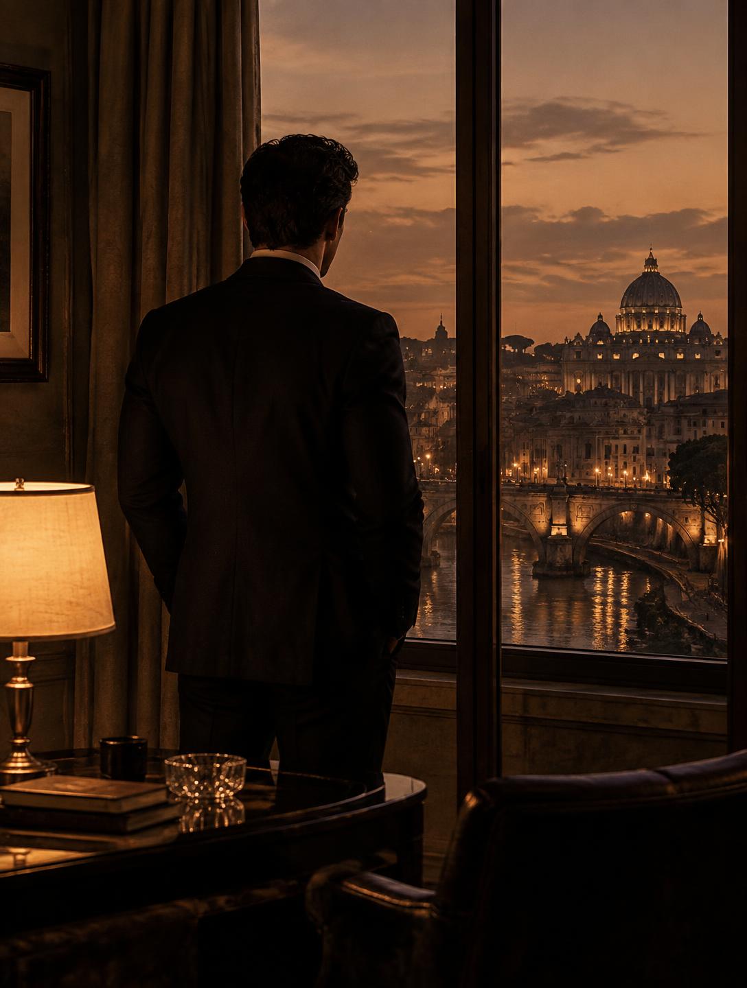 A man in a tailored suit looking out over a city at dusk